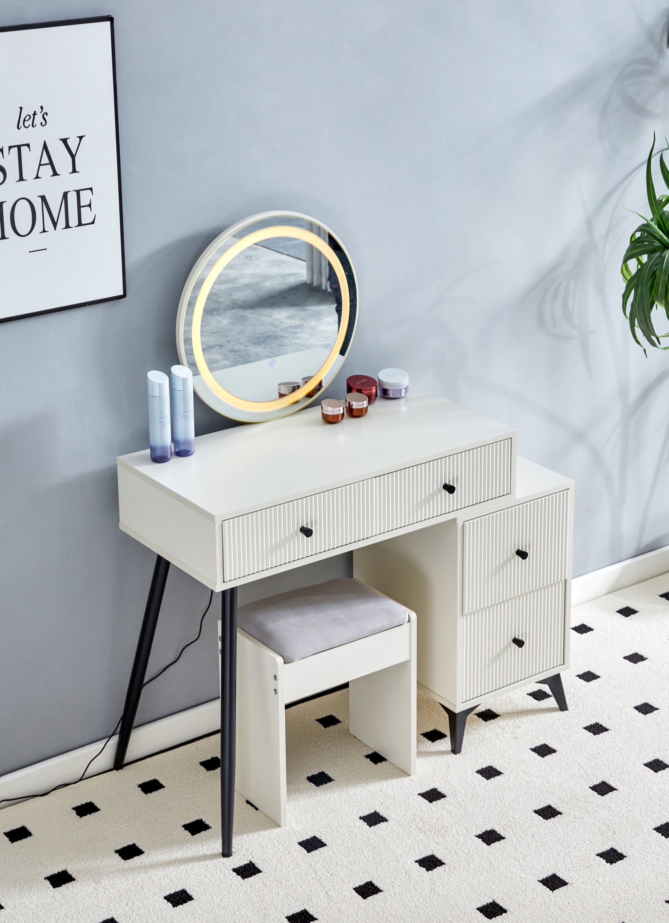 Fluted Vanity Desk | LED Mirror | Modern Makeup Table-American Furniture Outlet