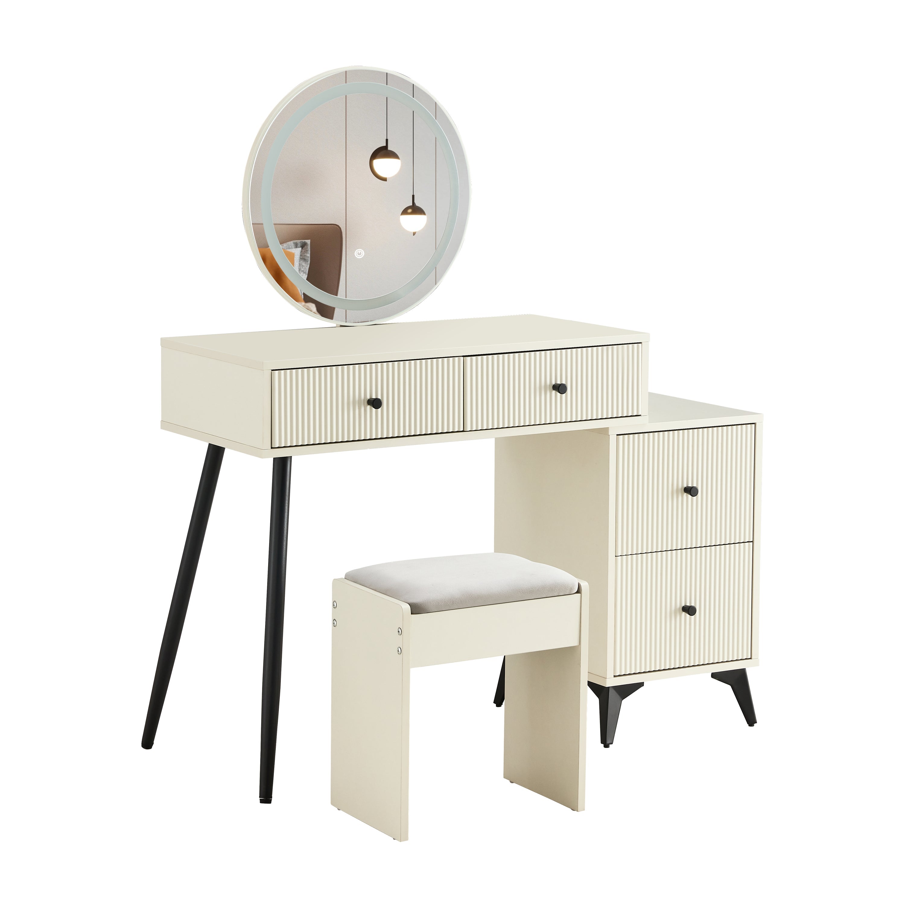 Fluted Vanity Desk | LED Mirror | Modern Makeup Table-American Furniture Outlet