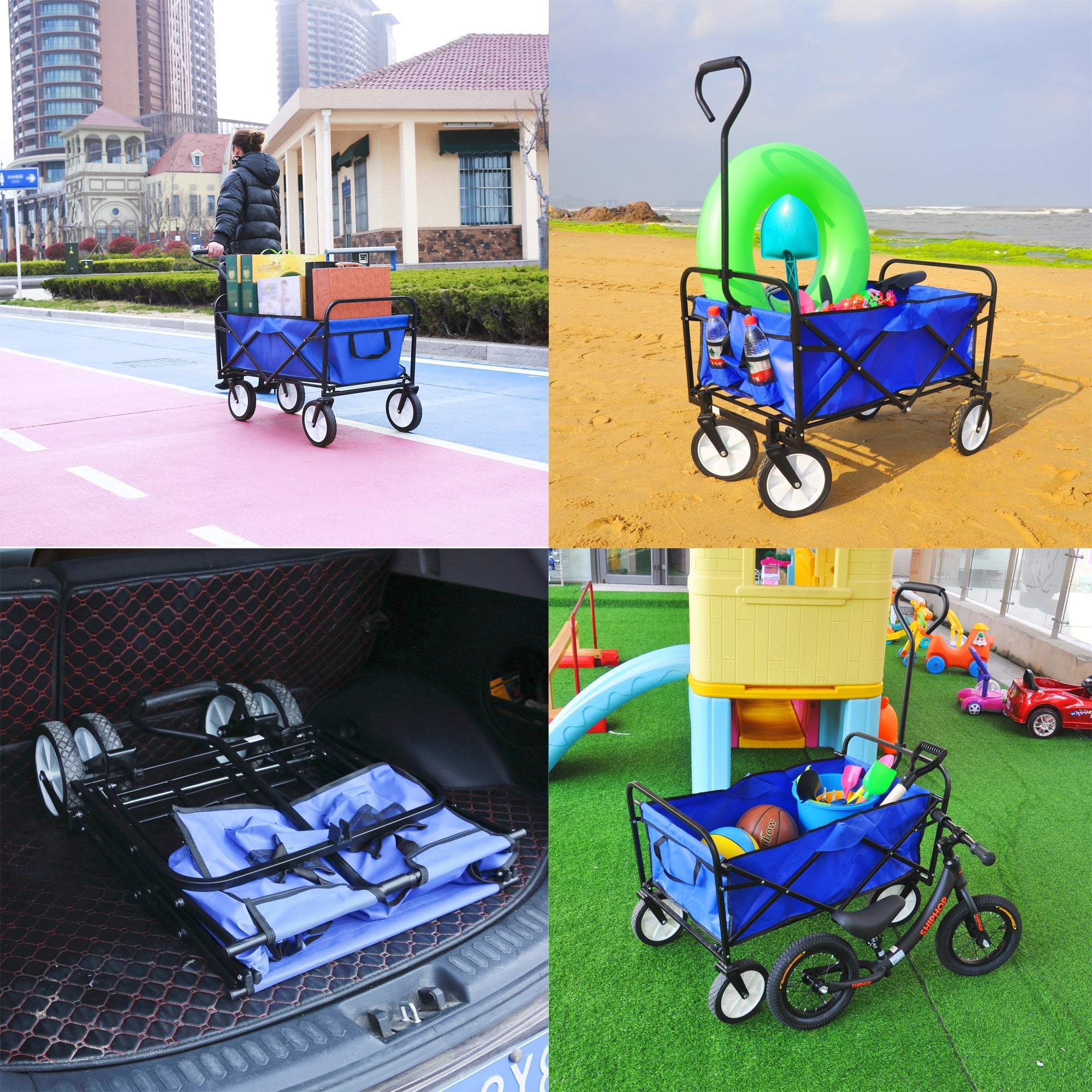 Folding Wagon Garden Shopping Beach Cart - Blue-American Furniture Outlet