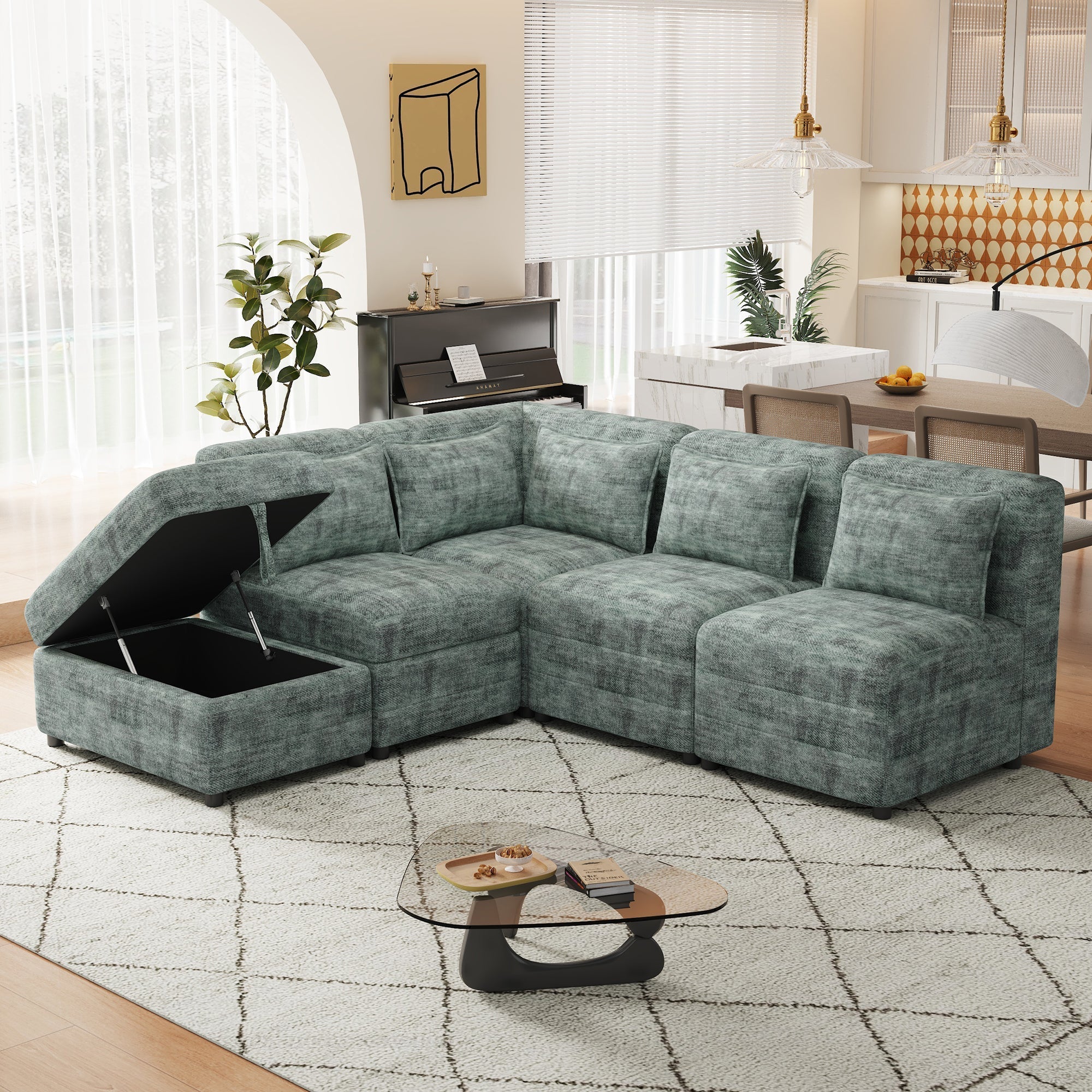 Free-Combined 5-Seater Sectional Sofa - Modular Couches with Storage Ottoman, 5 Pillows - Blue Green for Living Room, Bedroom, Office-American Furniture Outlet -American Furniture Outlet