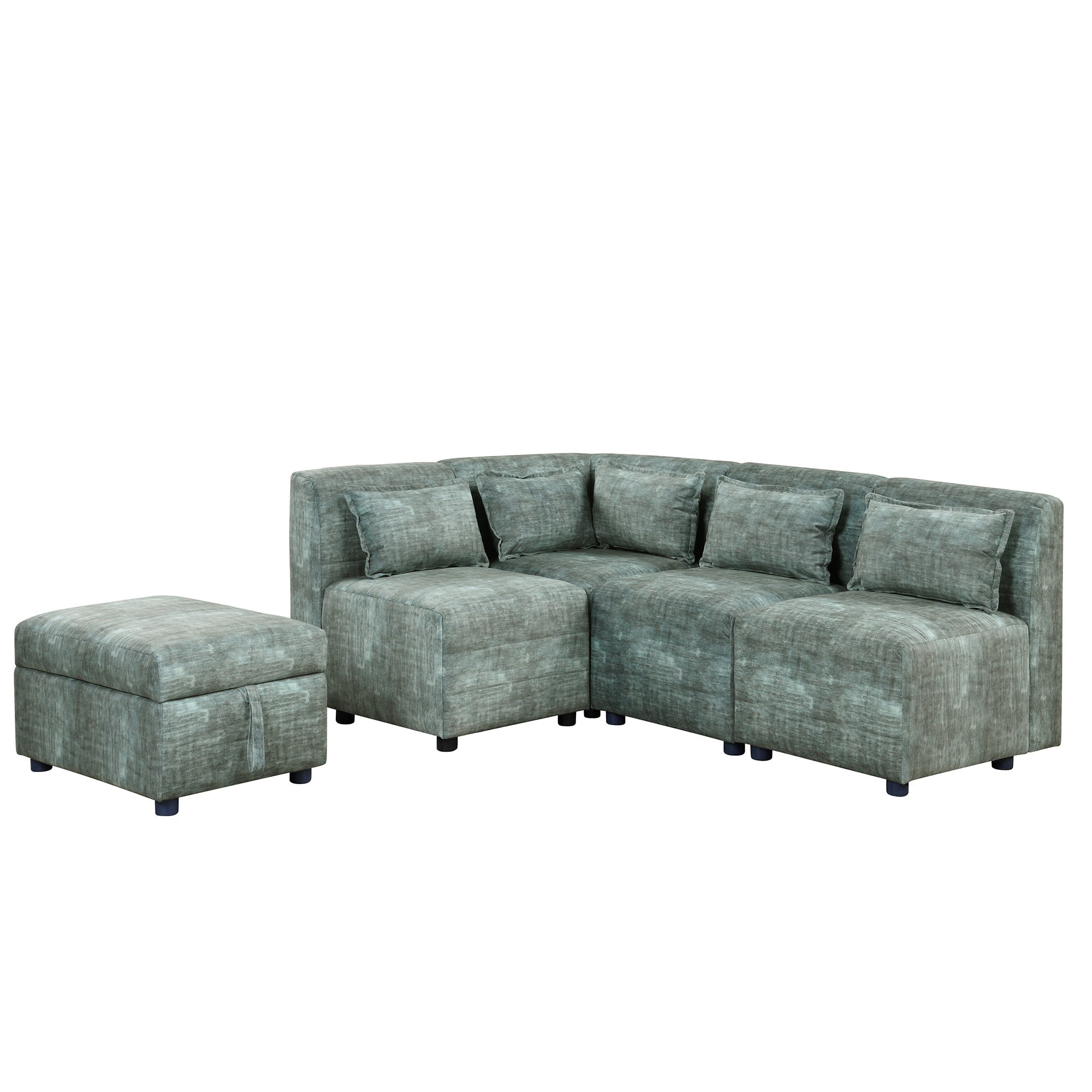 Free-Combined 5-Seater Sectional Sofa - Modular Couches with Storage Ottoman, 5 Pillows - Blue Green for Living Room, Bedroom, Office-American Furniture Outlet -American Furniture Outlet