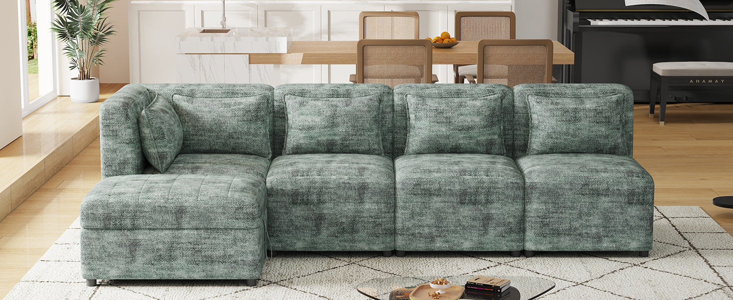 Free-Combined 5-Seater Sectional Sofa - Modular Couches with Storage Ottoman, 5 Pillows - Blue Green for Living Room, Bedroom, Office-American Furniture Outlet -American Furniture Outlet