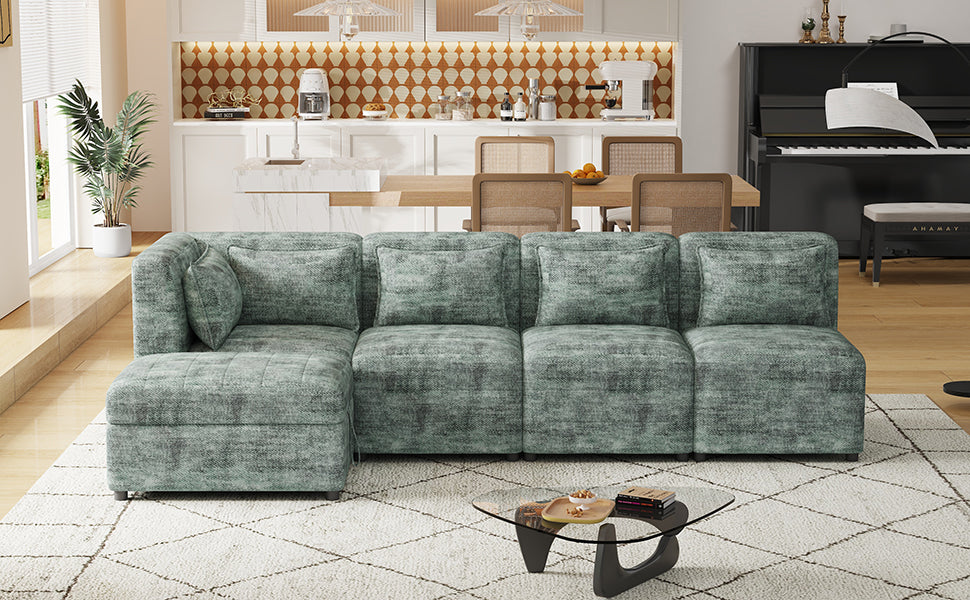 Free-Combined 5-Seater Sectional Sofa - Modular Couches with Storage Ottoman, 5 Pillows - Blue Green for Living Room, Bedroom, Office-American Furniture Outlet -American Furniture Outlet