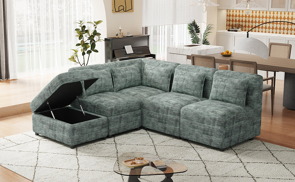 Free-Combined 5-Seater Sectional Sofa - Modular Couches with Storage Ottoman, 5 Pillows - Blue Green for Living Room, Bedroom, Office-American Furniture Outlet -American Furniture Outlet