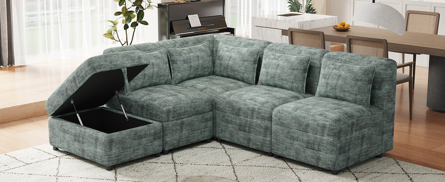 Free-Combined 5-Seater Sectional Sofa - Modular Couches with Storage Ottoman, 5 Pillows - Blue Green for Living Room, Bedroom, Office-American Furniture Outlet -American Furniture Outlet