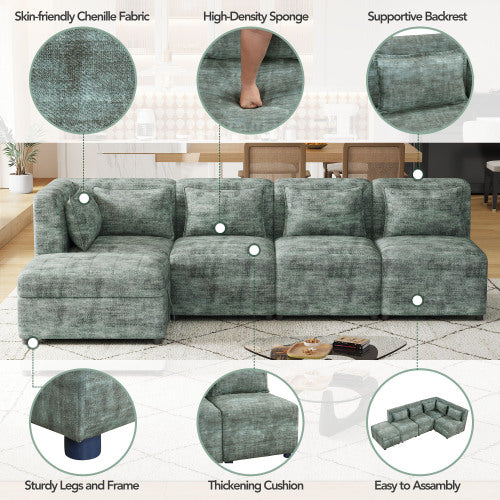 Free-Combined 5-Seater Sectional Sofa - Modular Couches with Storage Ottoman, 5 Pillows - Blue Green for Living Room, Bedroom, Office-American Furniture Outlet -American Furniture Outlet