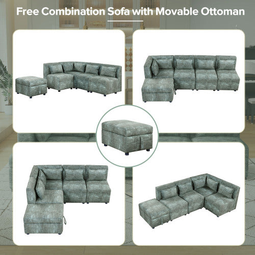 Free-Combined 5-Seater Sectional Sofa - Modular Couches with Storage Ottoman, 5 Pillows - Blue Green for Living Room, Bedroom, Office-American Furniture Outlet -American Furniture Outlet