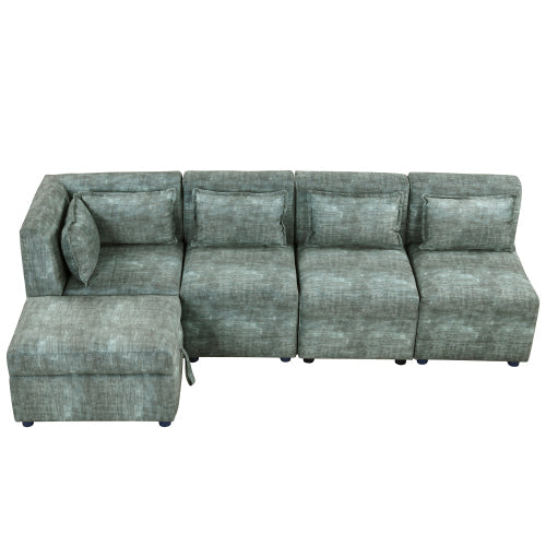 Free-Combined 5-Seater Sectional Sofa - Modular Couches with Storage Ottoman, 5 Pillows - Blue Green for Living Room, Bedroom, Office-American Furniture Outlet -American Furniture Outlet