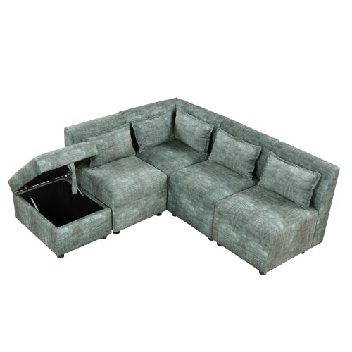 Free-Combined 5-Seater Sectional Sofa - Modular Couches with Storage Ottoman, 5 Pillows - Blue Green for Living Room, Bedroom, Office-American Furniture Outlet -American Furniture Outlet