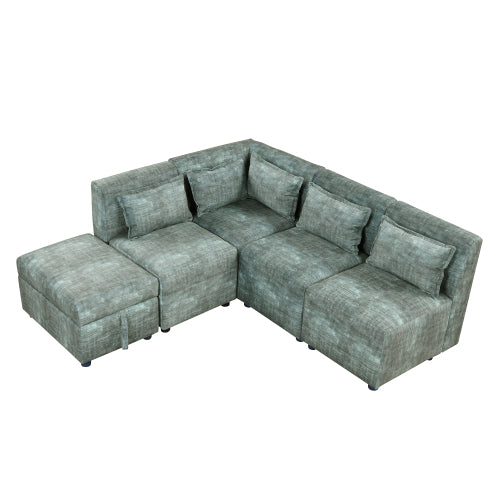 Free-Combined 5-Seater Sectional Sofa - Modular Couches with Storage Ottoman, 5 Pillows - Blue Green for Living Room, Bedroom, Office-American Furniture Outlet -American Furniture Outlet