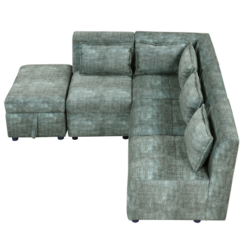 Free-Combined 5-Seater Sectional Sofa - Modular Couches with Storage Ottoman, 5 Pillows - Blue Green for Living Room, Bedroom, Office-American Furniture Outlet -American Furniture Outlet