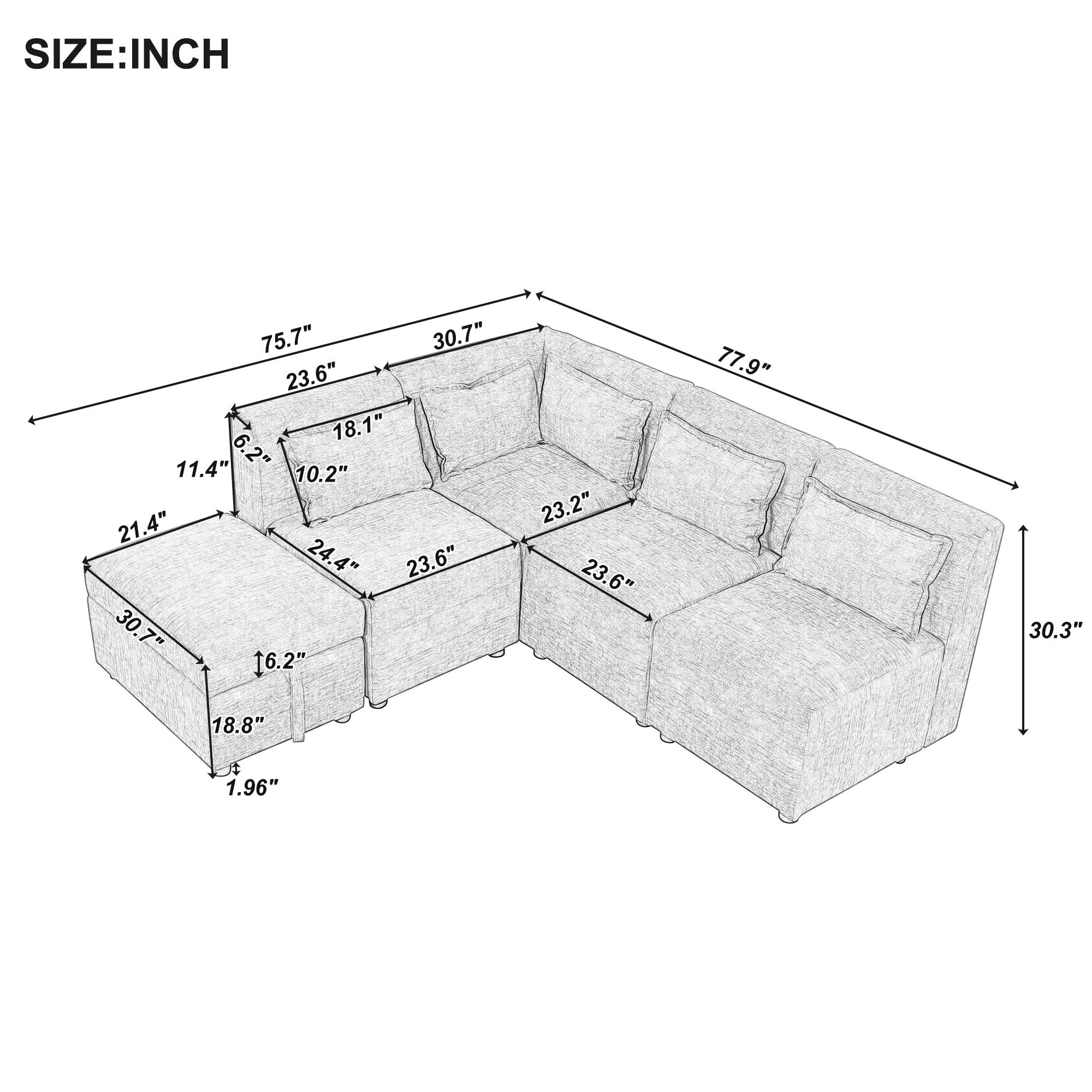 Free-Combined 5-Seater Sectional Sofa - Modular Couches with Storage Ottoman, 5 Pillows - Blue Green for Living Room, Bedroom, Office-American Furniture Outlet -American Furniture Outlet