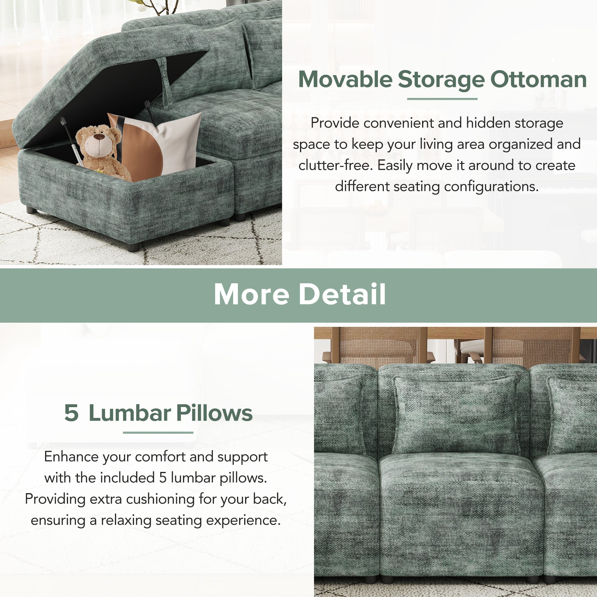 Free-Combined 5-Seater Sectional Sofa - Modular Couches with Storage Ottoman, 5 Pillows - Blue Green for Living Room, Bedroom, Office-American Furniture Outlet -American Furniture Outlet