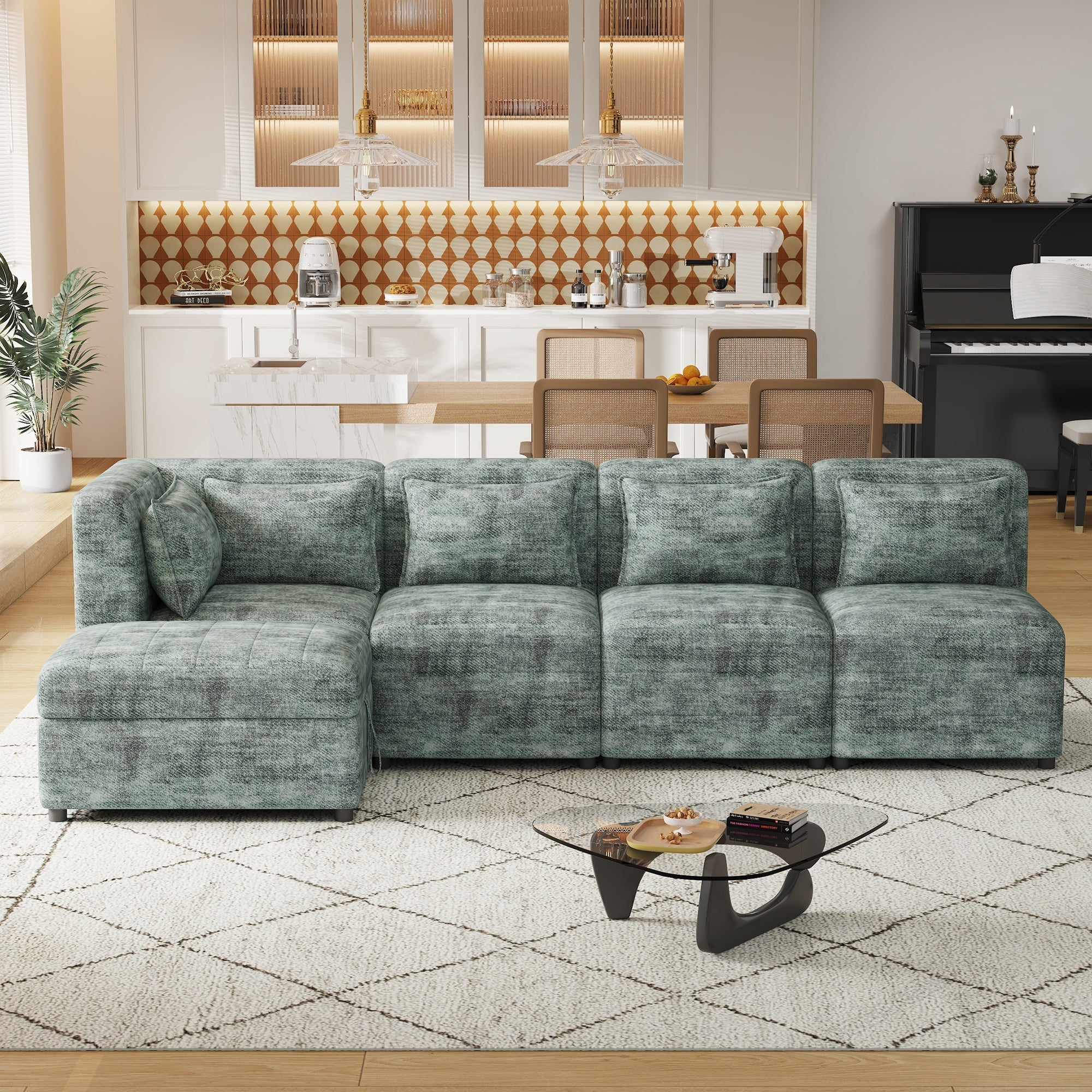 Free-Combined 5-Seater Sectional Sofa - Modular Couches with Storage Ottoman, 5 Pillows - Blue Green for Living Room, Bedroom, Office-American Furniture Outlet -American Furniture Outlet