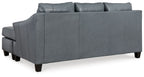 Steel sectional sofa back view with multiple seat and back cushions, gray upholstery