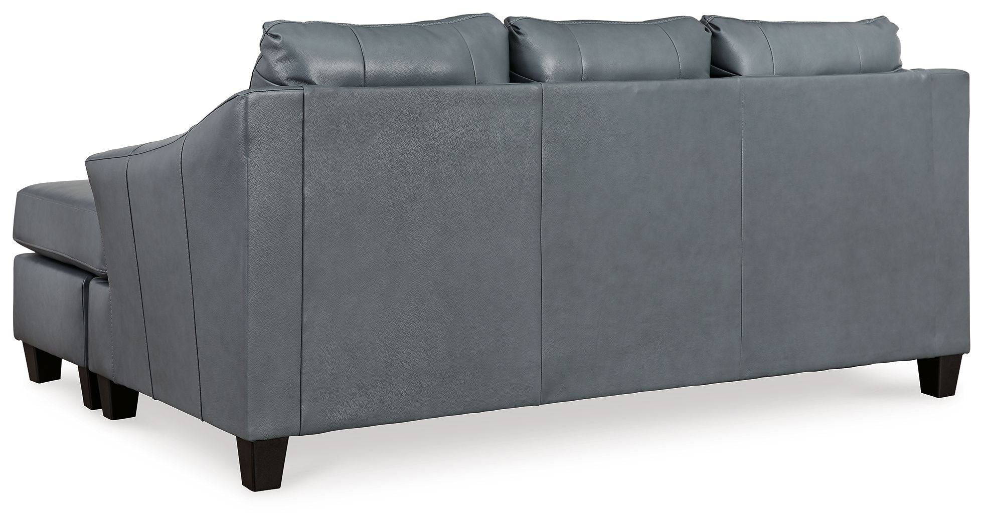 Steel sectional sofa back view with multiple seat and back cushions, gray upholstery