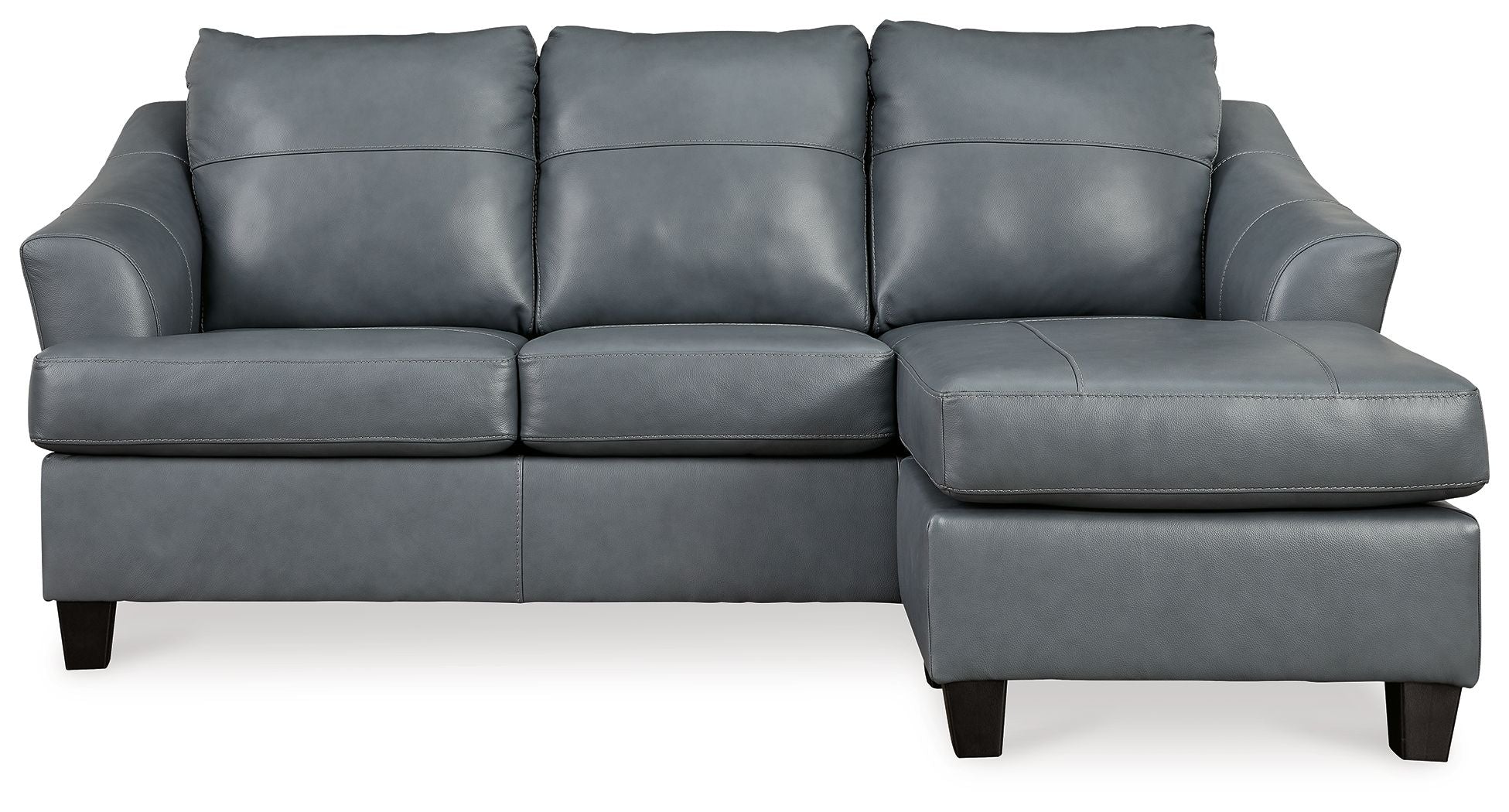 Steel sectional sofa with three seat cushions and padded armrests, gray upholstery