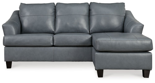 Steel sectional sofa with three seat cushions and padded armrests, gray upholstery