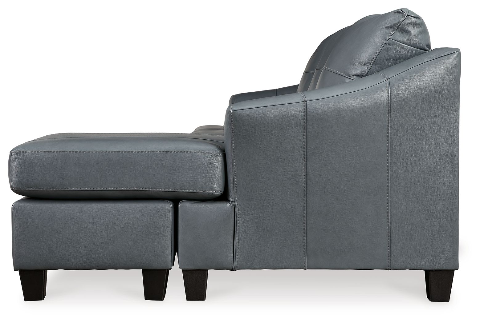 Steel sectional sofa chaise section with armrest and wide back, gray upholstery