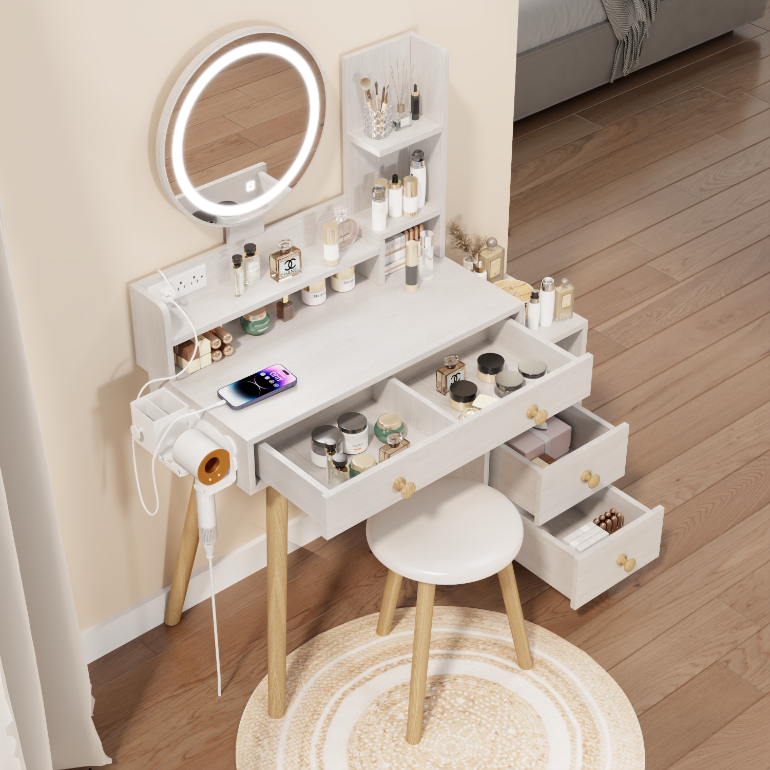 Glamorous Vanity Table with LED Mirror & Storage-American Furniture Outlet