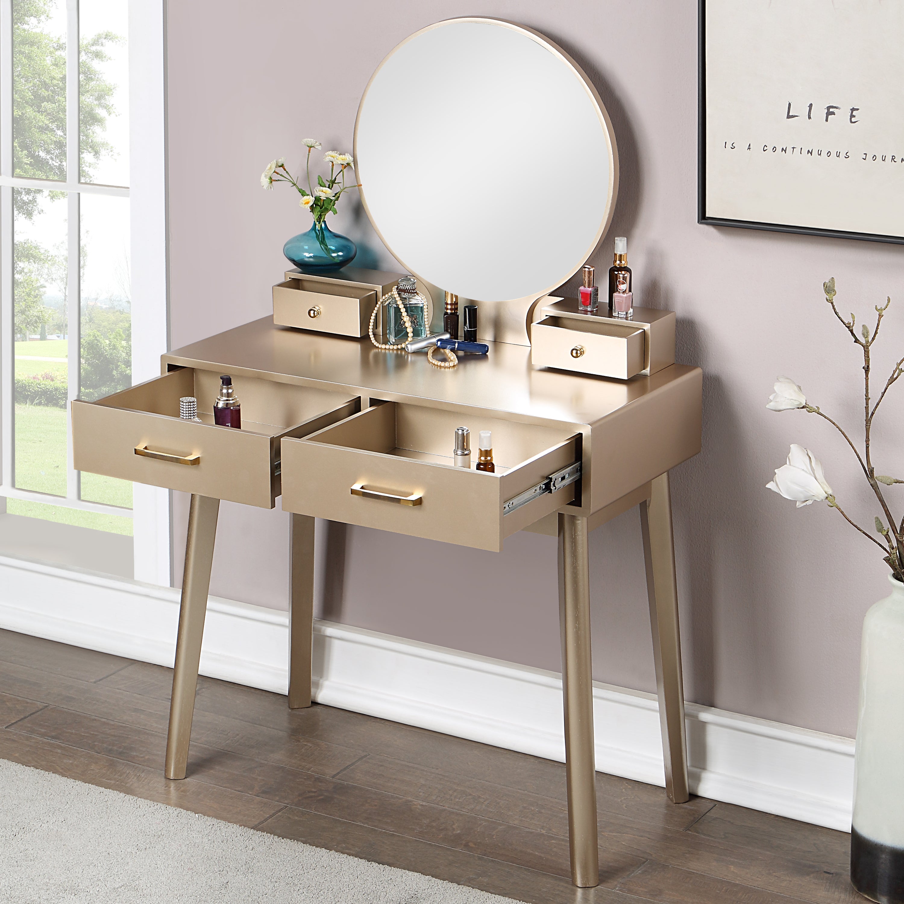 Gold Vanity Set | Modern Makeup Vanity with Stool-American Furniture Outlet