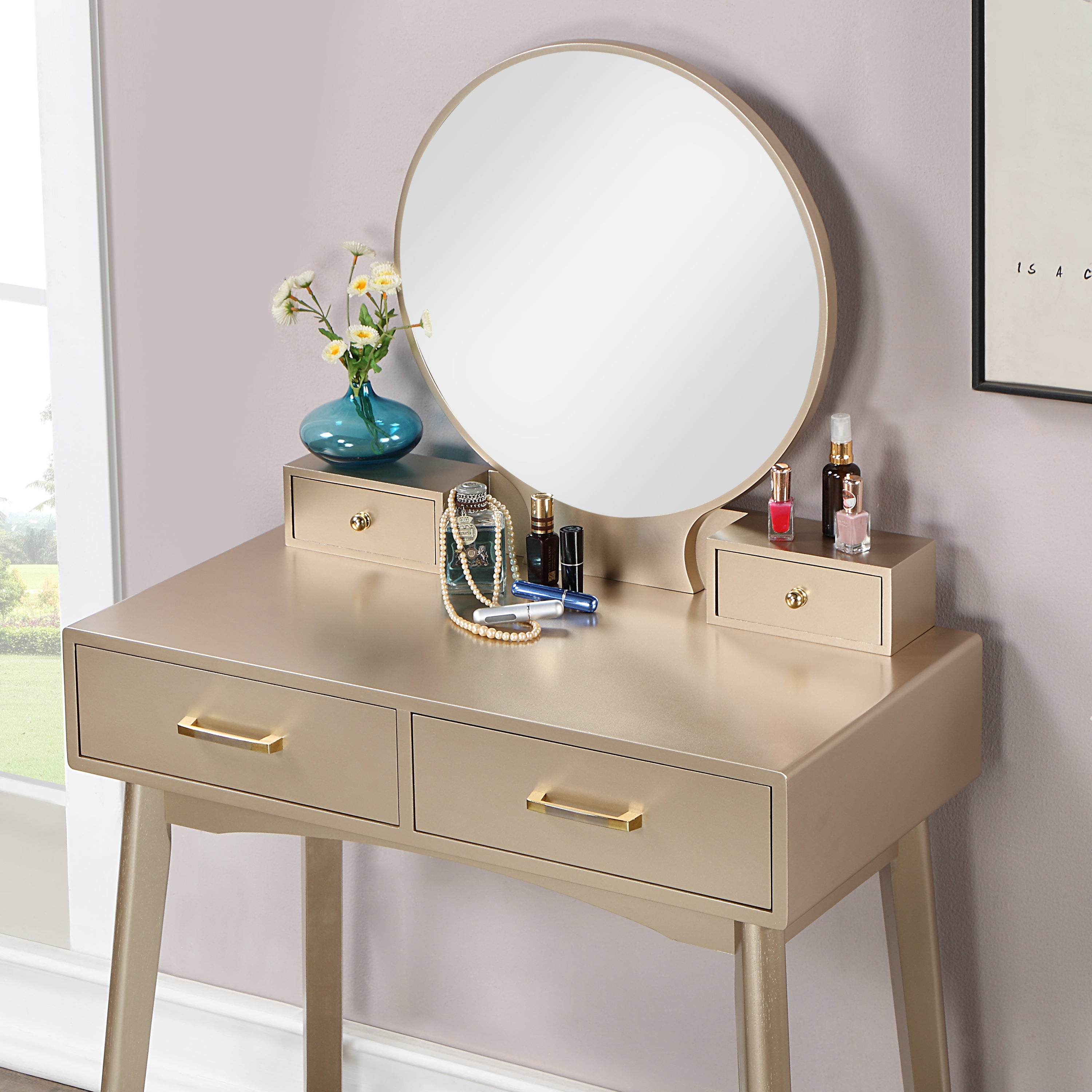 Gold Vanity Set | Modern Makeup Vanity with Stool-American Furniture Outlet