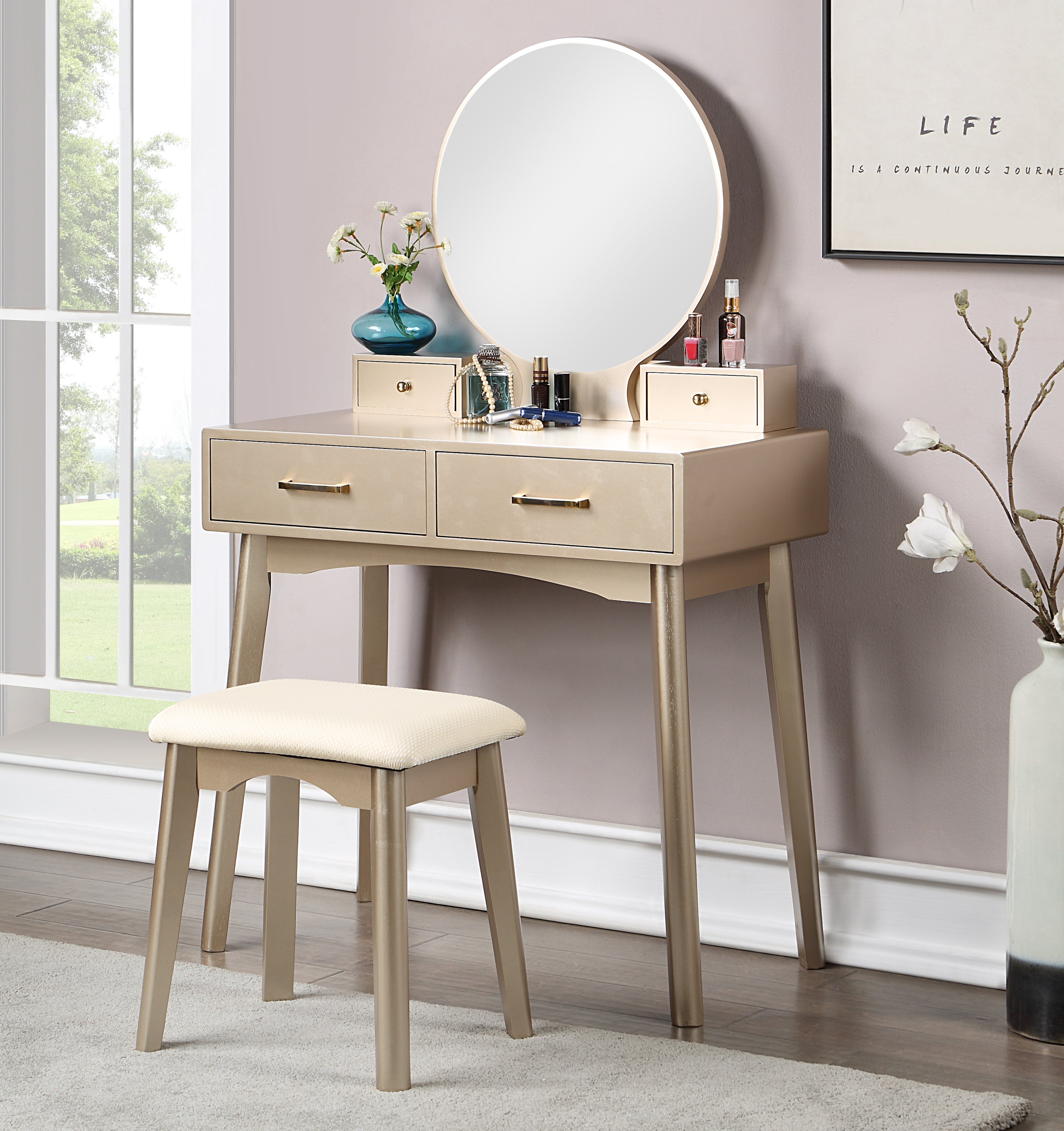 Gold Vanity Set | Modern Makeup Vanity with Stool-American Furniture Outlet