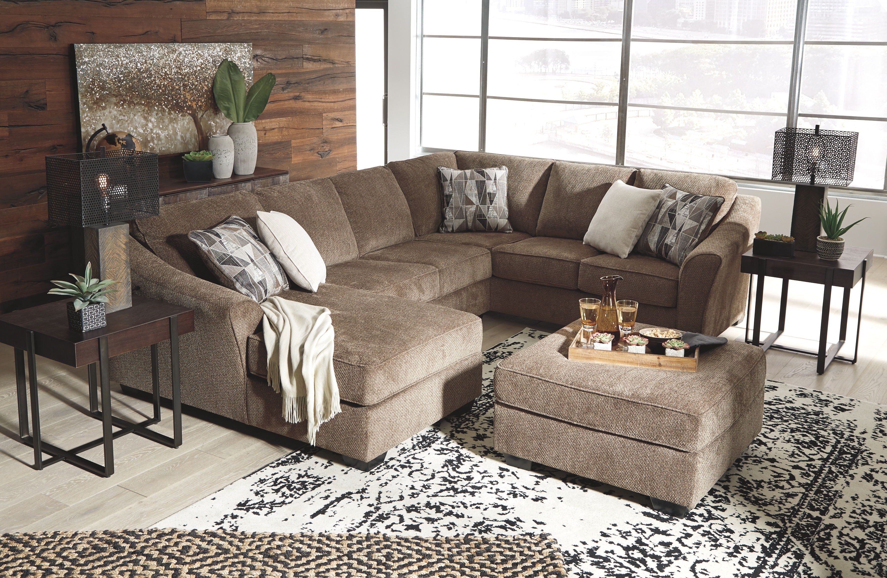 Graftin Teak Brown Sectional - Textured Chenille, Removable Cushions, Modern-Benchcraft®-American Furniture Outlet