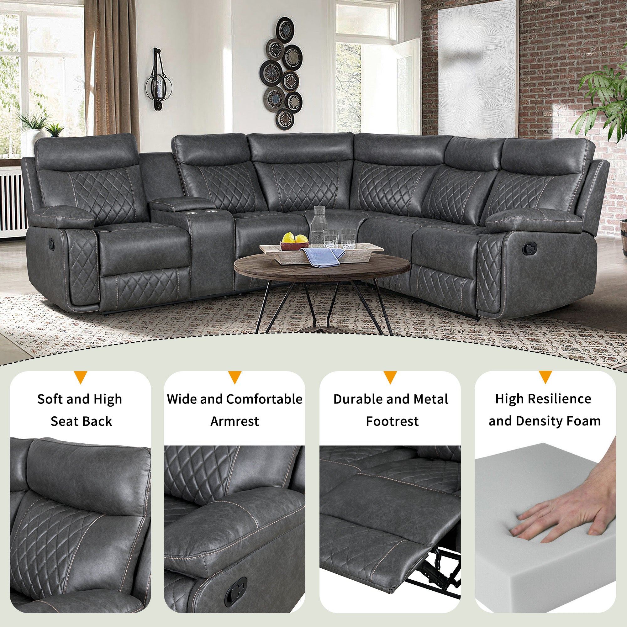 Gray Faux Leather Reclining Sectional Sofa | Home Theater Seating-American Furniture Outlet -American Furniture Outlet