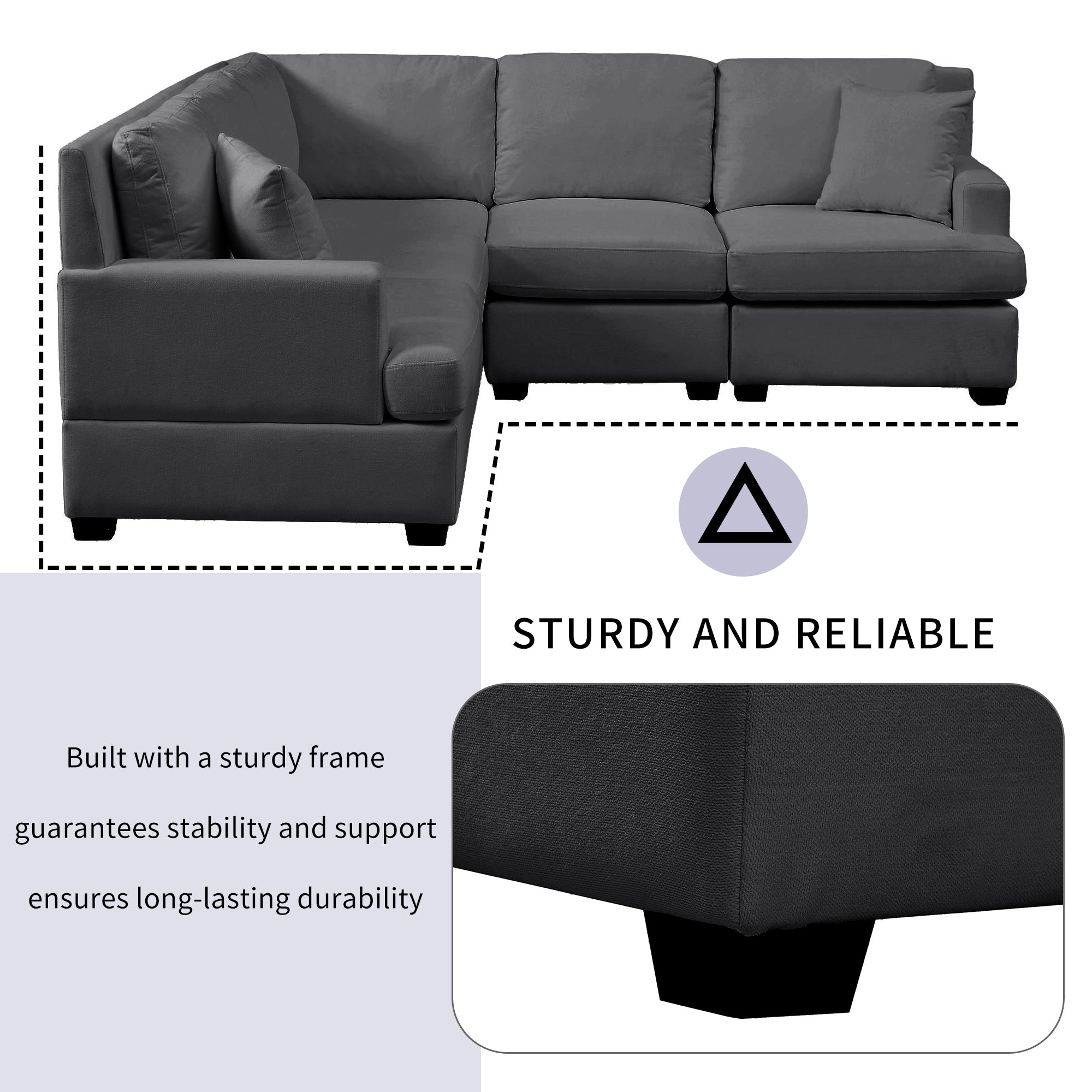 Gray Sectional Modular Sofa: Solid Frame, 2 Tossing Cushions - Living Room-American Furniture Outlet -American Furniture Outlet