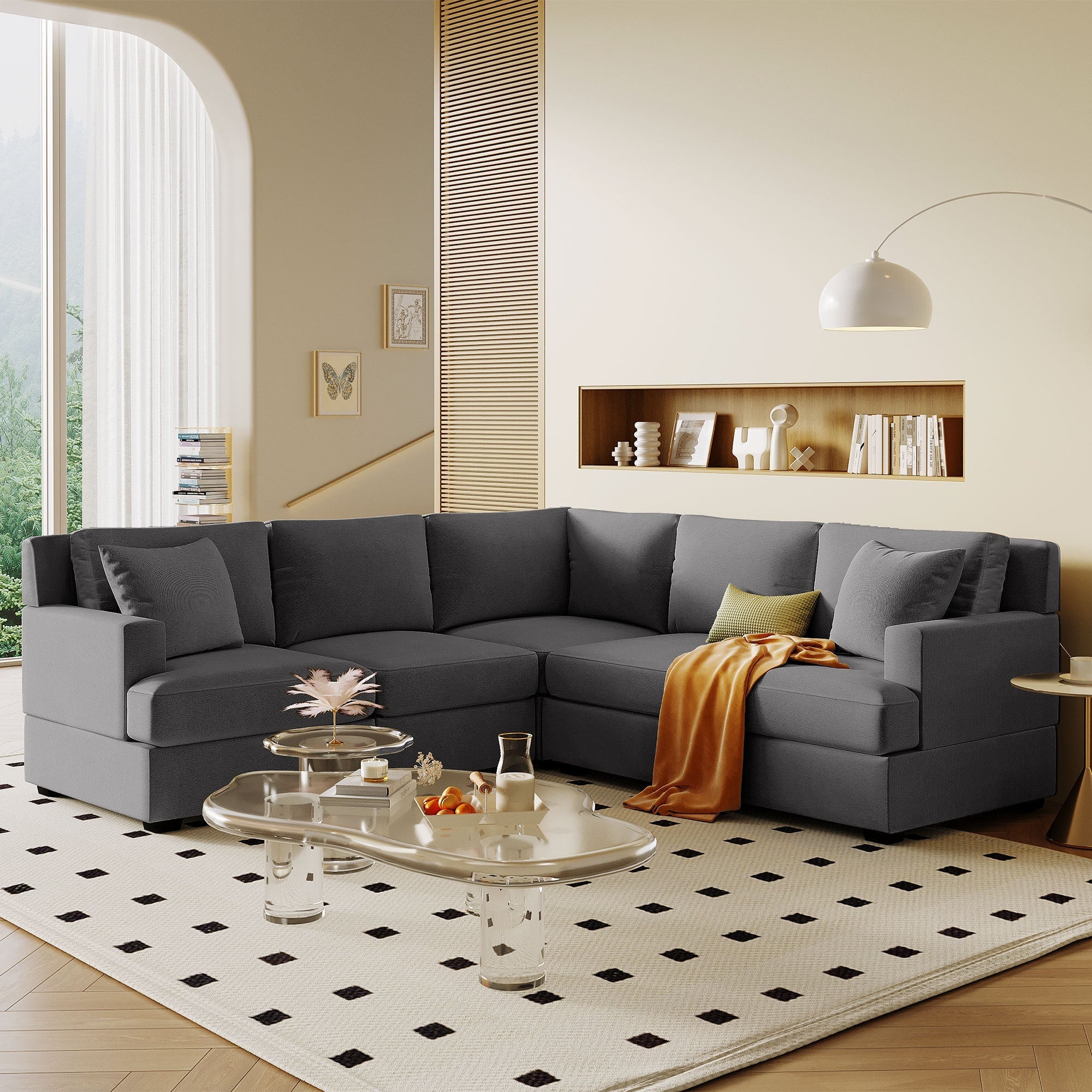 Gray Sectional Modular Sofa: Solid Frame, 2 Tossing Cushions - Living Room-American Furniture Outlet -American Furniture Outlet