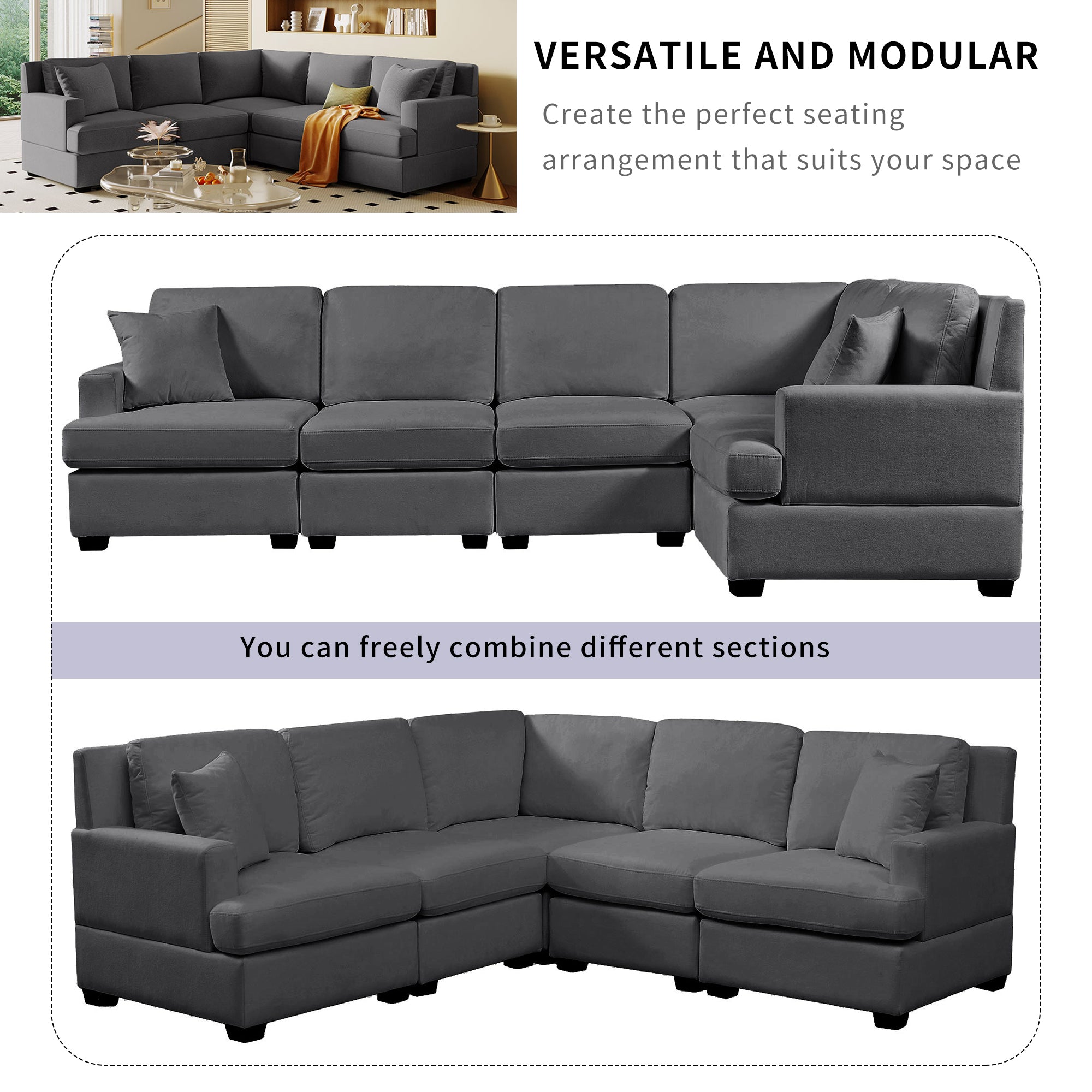 Gray Sectional Modular Sofa: Solid Frame, 2 Tossing Cushions - Living Room-American Furniture Outlet -American Furniture Outlet