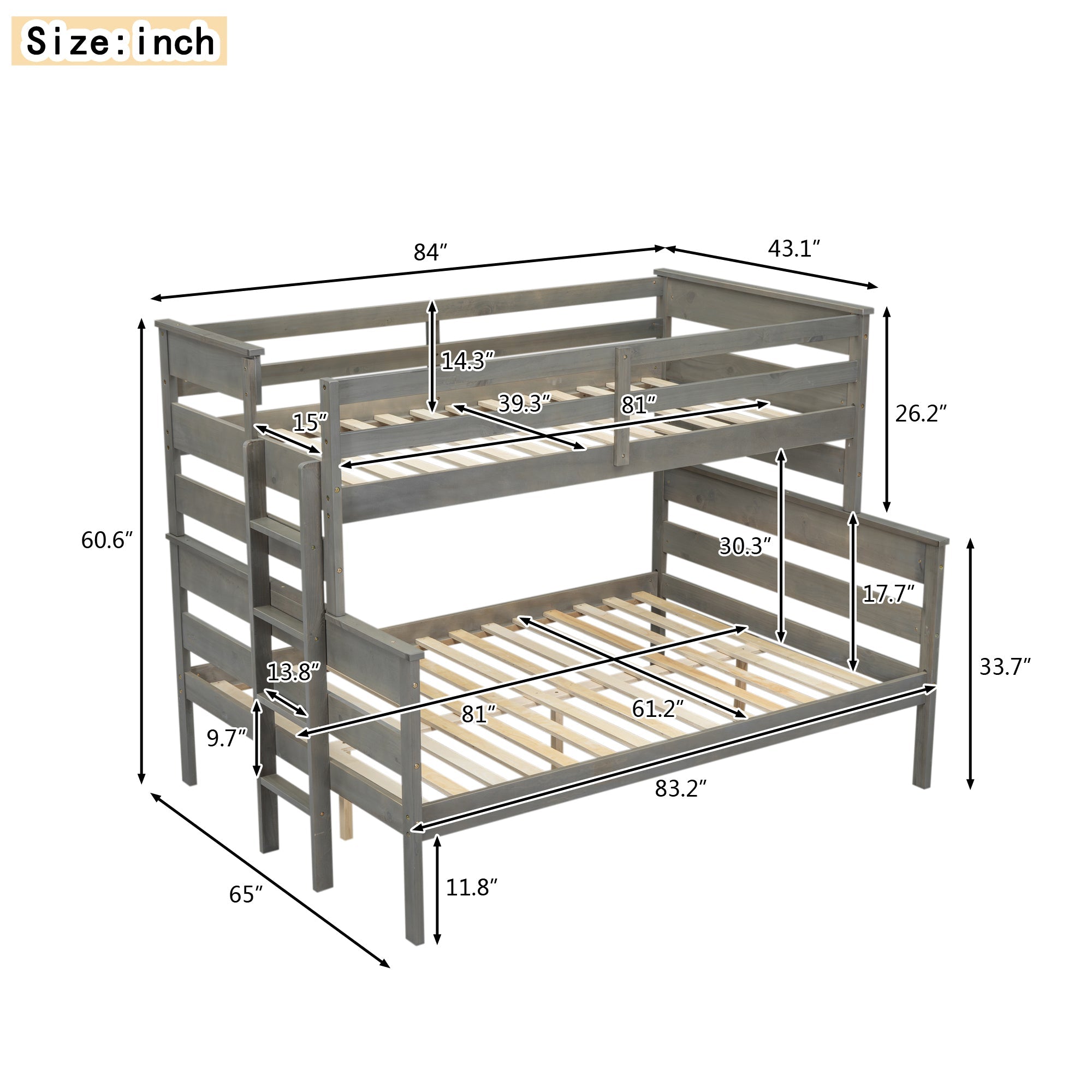 Gray Wood Twin XL Over Queen Bunk Bed - Ladder Included-American Furniture Outlet