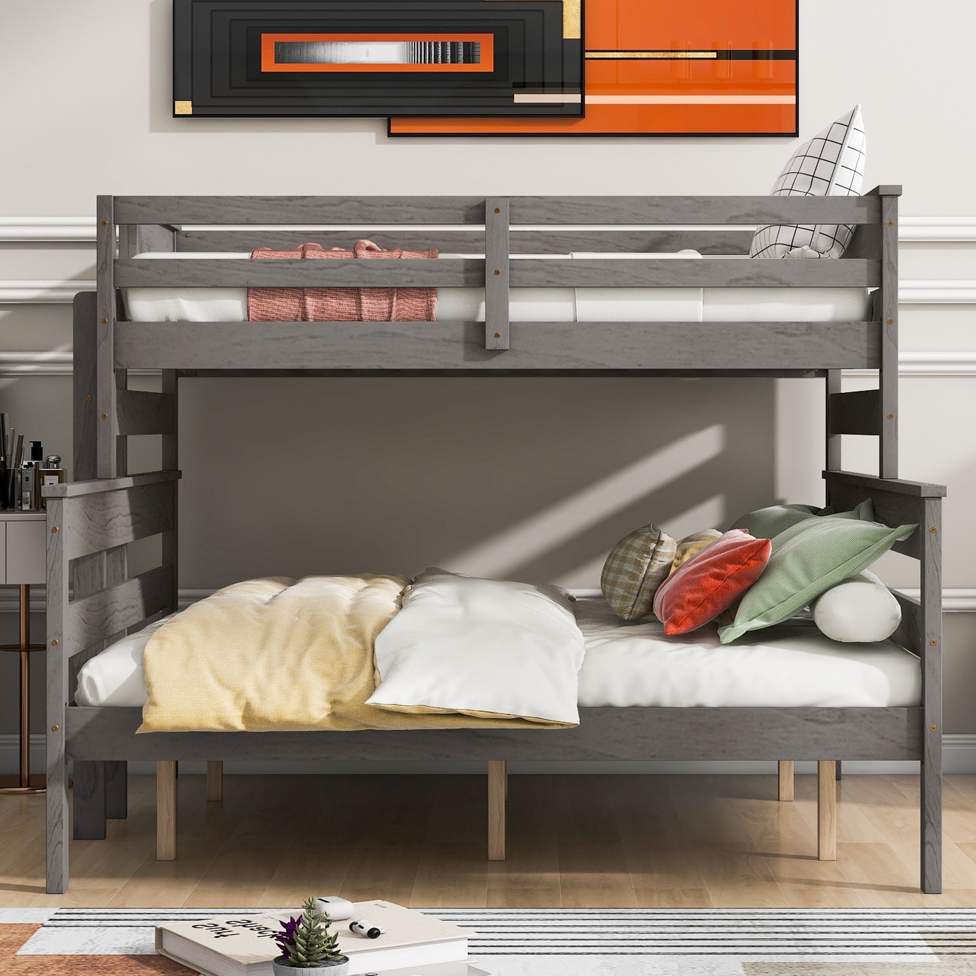 Gray Wood Twin XL Over Queen Bunk Bed - Ladder Included-American Furniture Outlet