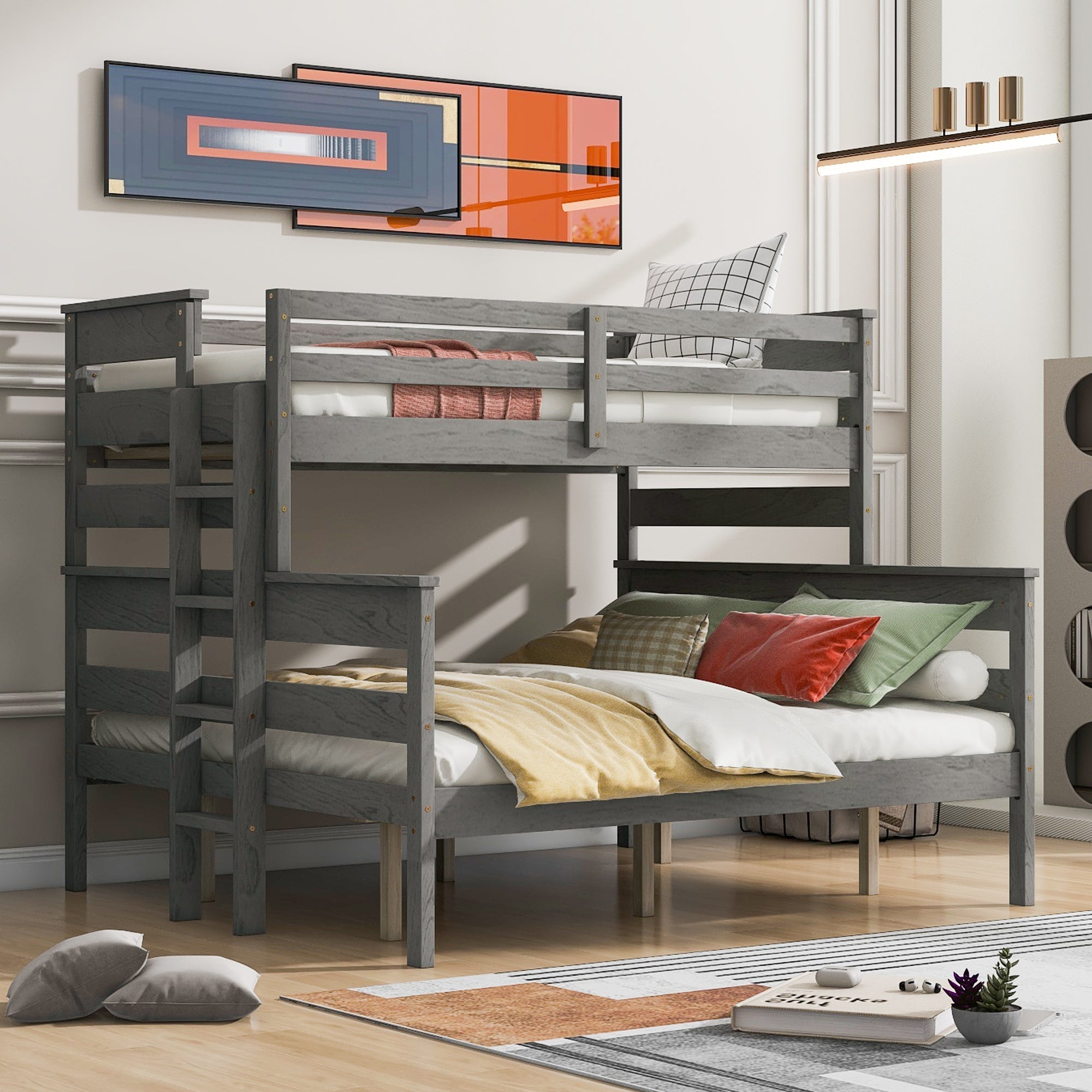 Gray Wood Twin XL Over Queen Bunk Bed - Ladder Included-American Furniture Outlet