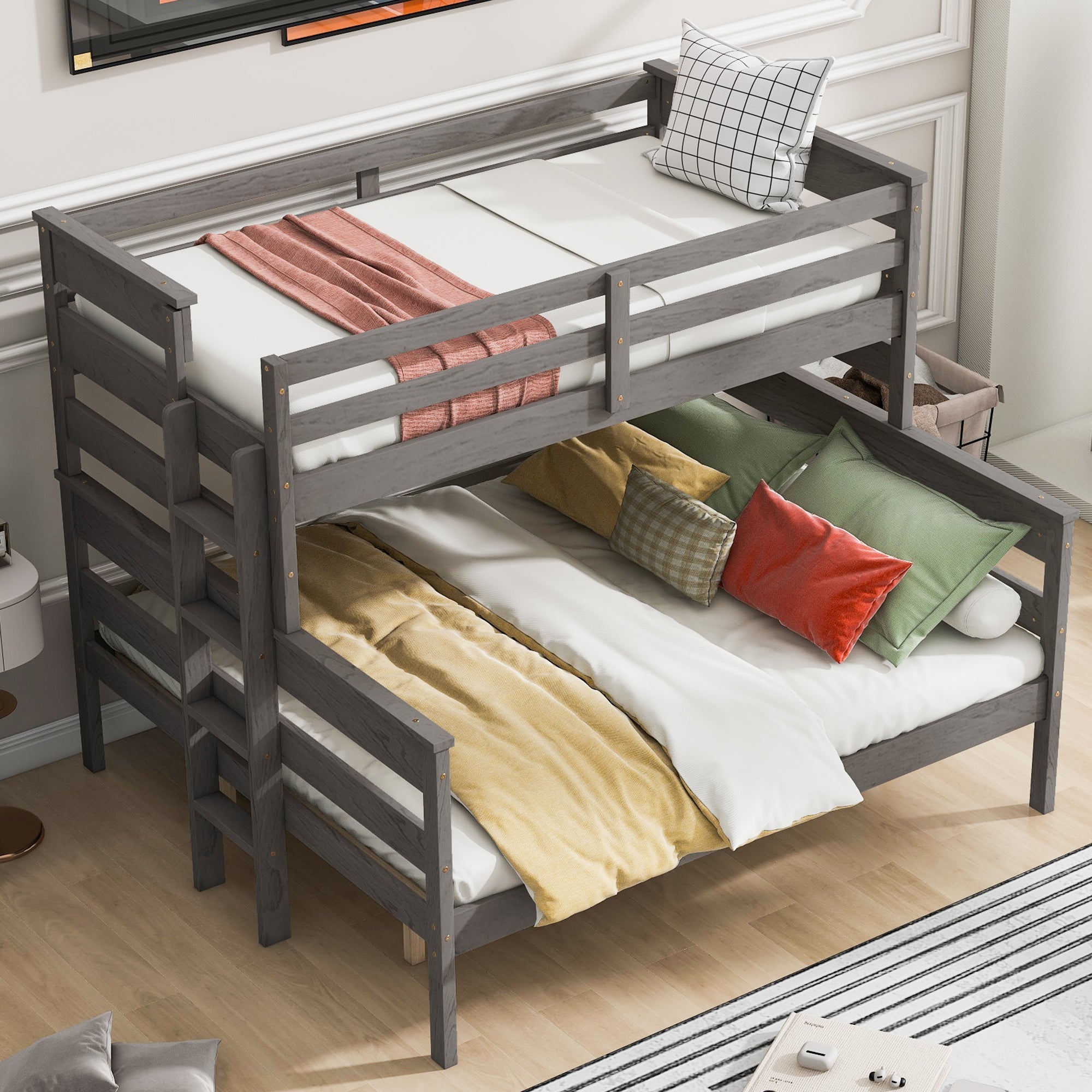 Gray Wood Twin XL Over Queen Bunk Bed - Ladder Included-American Furniture Outlet