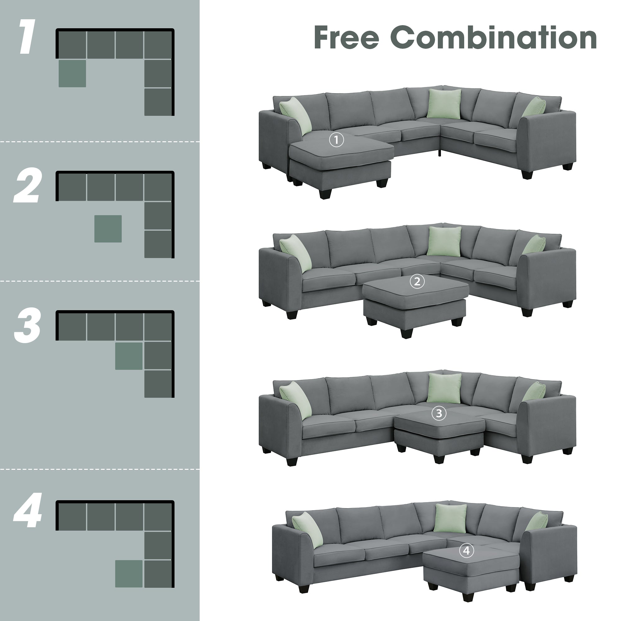 Grey 112*87" Modular Sectional Sofa Set - 7 Seats with Ottoman, L-Shape Fabric Couch + 3 Pillows - Living Room Comfort-American Furniture Outlet -American Furniture Outlet