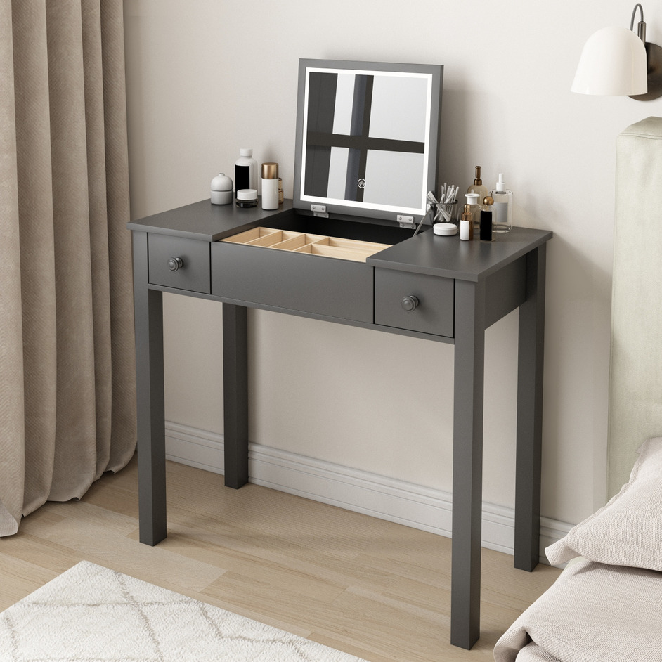 Grey Vanity Table w/ LED Lights & Mirror-American Furniture Outlet