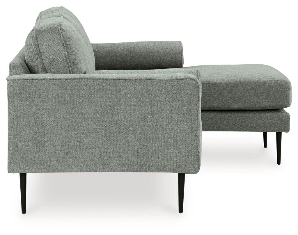 Charcoal sectional sofa, corner arm view with chaise seat and tapered legs