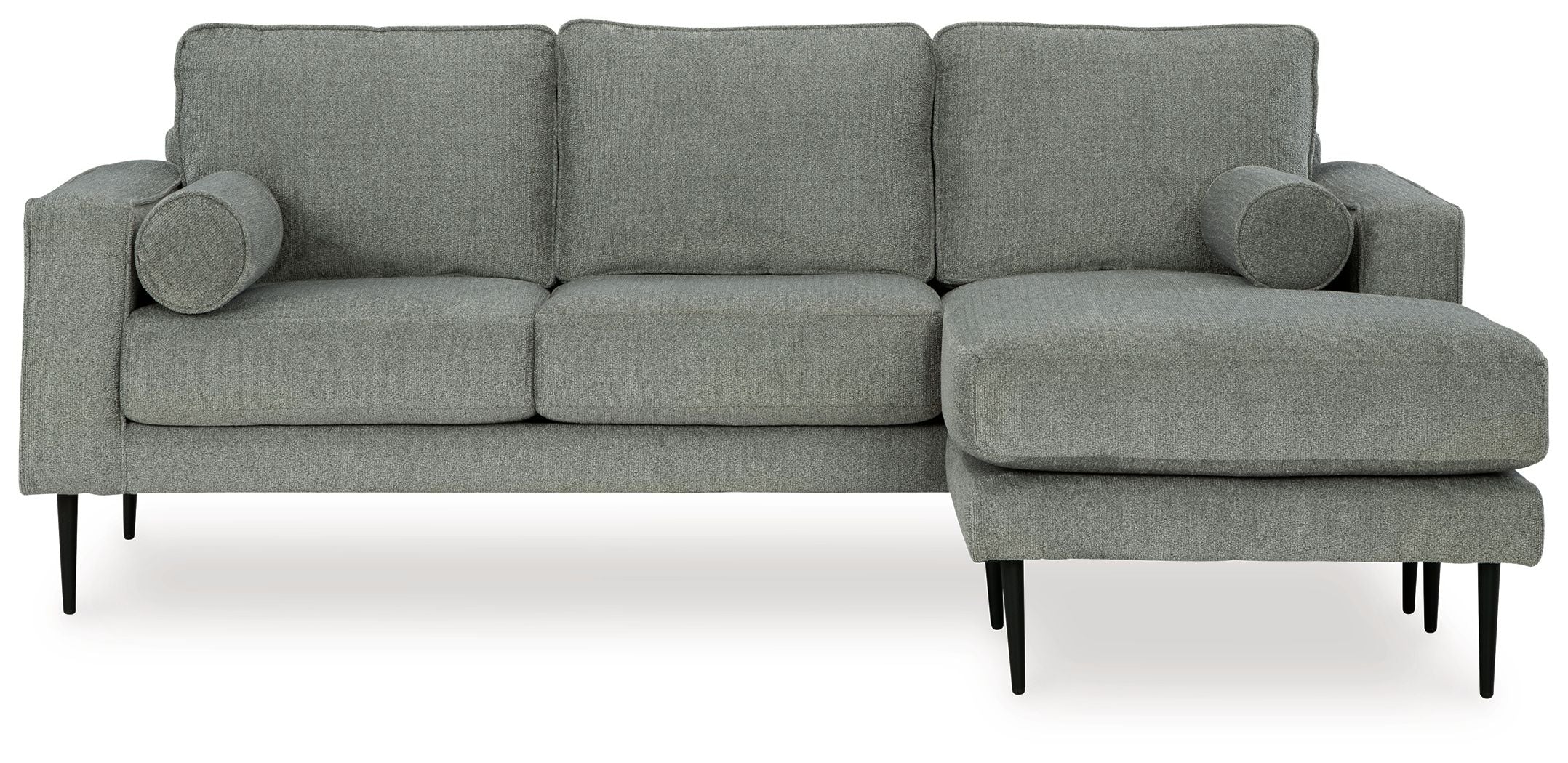 Charcoal sectional sofa with chaise, rounded arms, and tufted back cushions