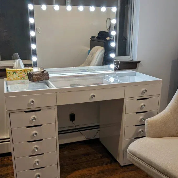 High Gloss White Makeup Vanity - 13 Drawers-American Furniture Outlet