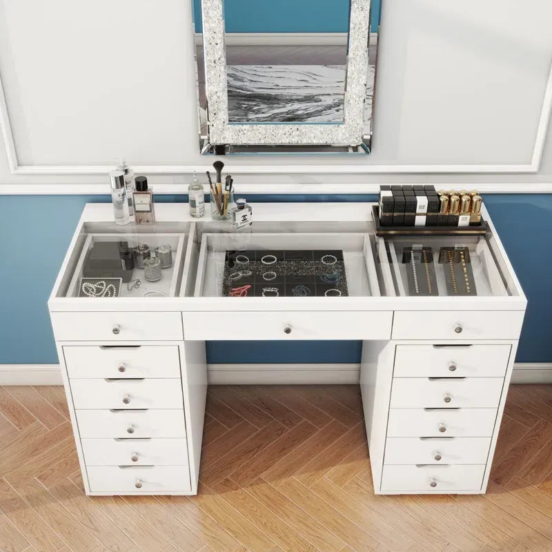 High Gloss White Makeup Vanity - 13 Drawers-American Furniture Outlet