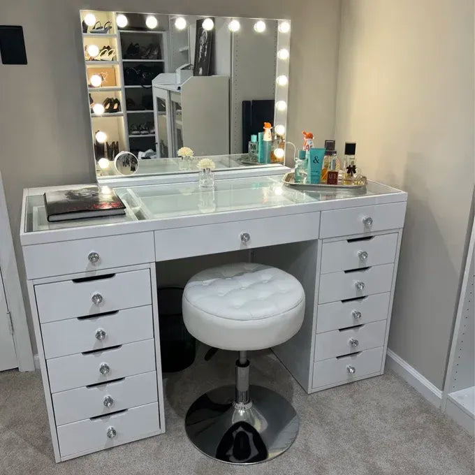 High Gloss White Makeup Vanity - 13 Drawers-American Furniture Outlet