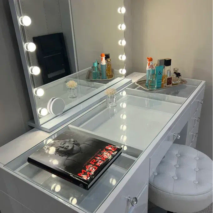 High Gloss White Makeup Vanity - 13 Drawers-American Furniture Outlet