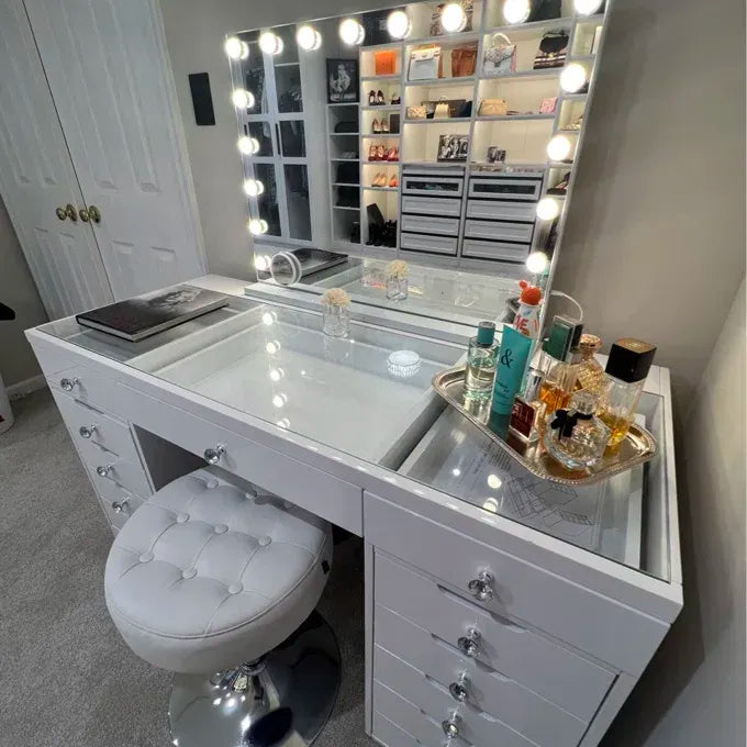 High Gloss White Makeup Vanity - 13 Drawers-American Furniture Outlet