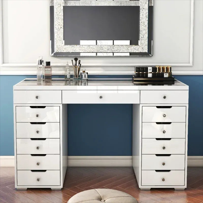 High Gloss White Makeup Vanity - 13 Drawers-American Furniture Outlet