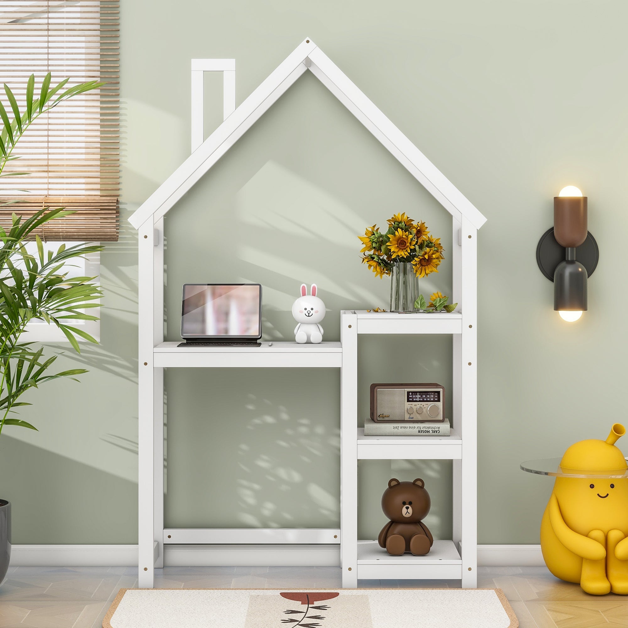 House-shaped Wooden writing Desk,Kids study Table,Bookshelf & Toy Storage,White-American Furniture Outlet