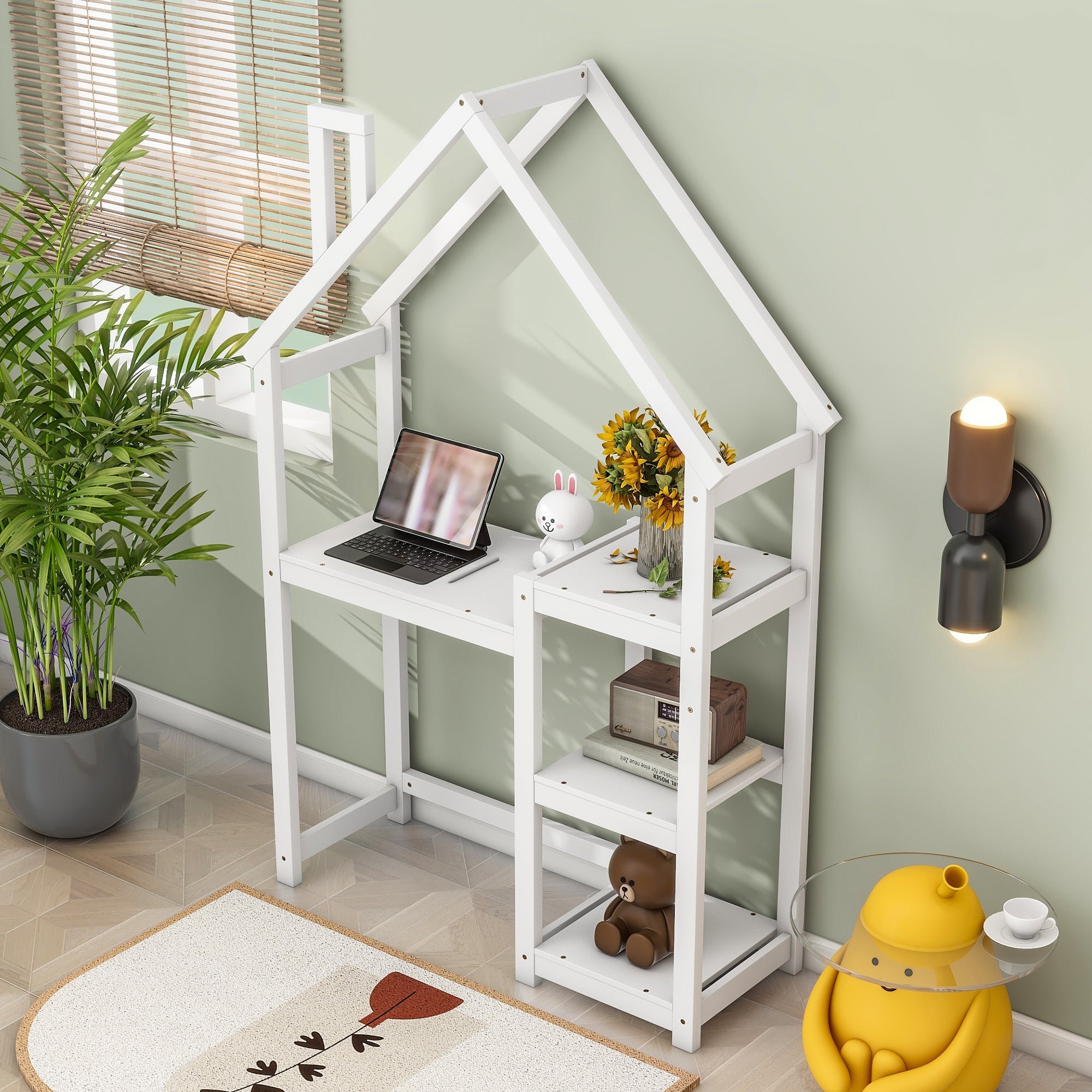 House-shaped Wooden writing Desk,Kids study Table,Bookshelf & Toy Storage,White-American Furniture Outlet
