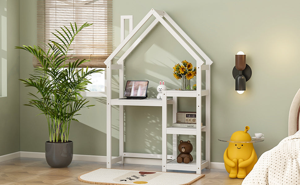 House-shaped Wooden writing Desk,Kids study Table,Bookshelf & Toy Storage,White-American Furniture Outlet