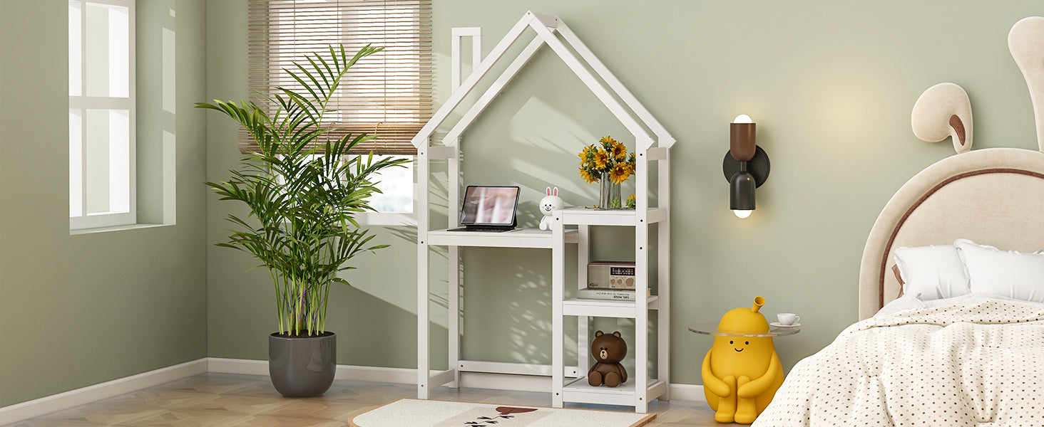 House-shaped Wooden writing Desk,Kids study Table,Bookshelf & Toy Storage,White-American Furniture Outlet